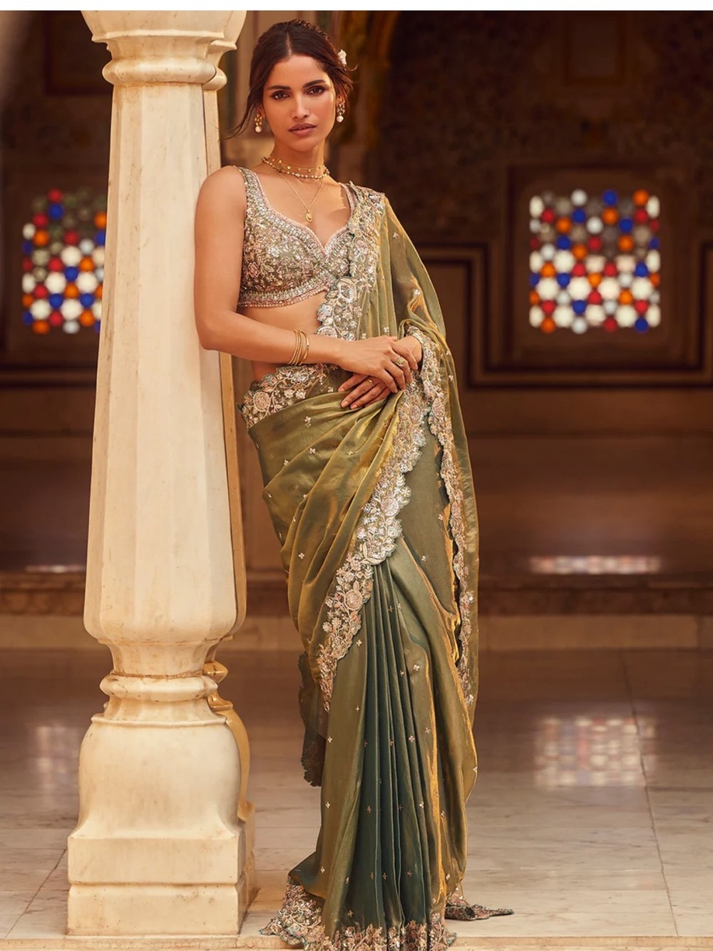 Olive Green Embellished Saree Dress with Beaded Blouse - Picture 2 of 3
